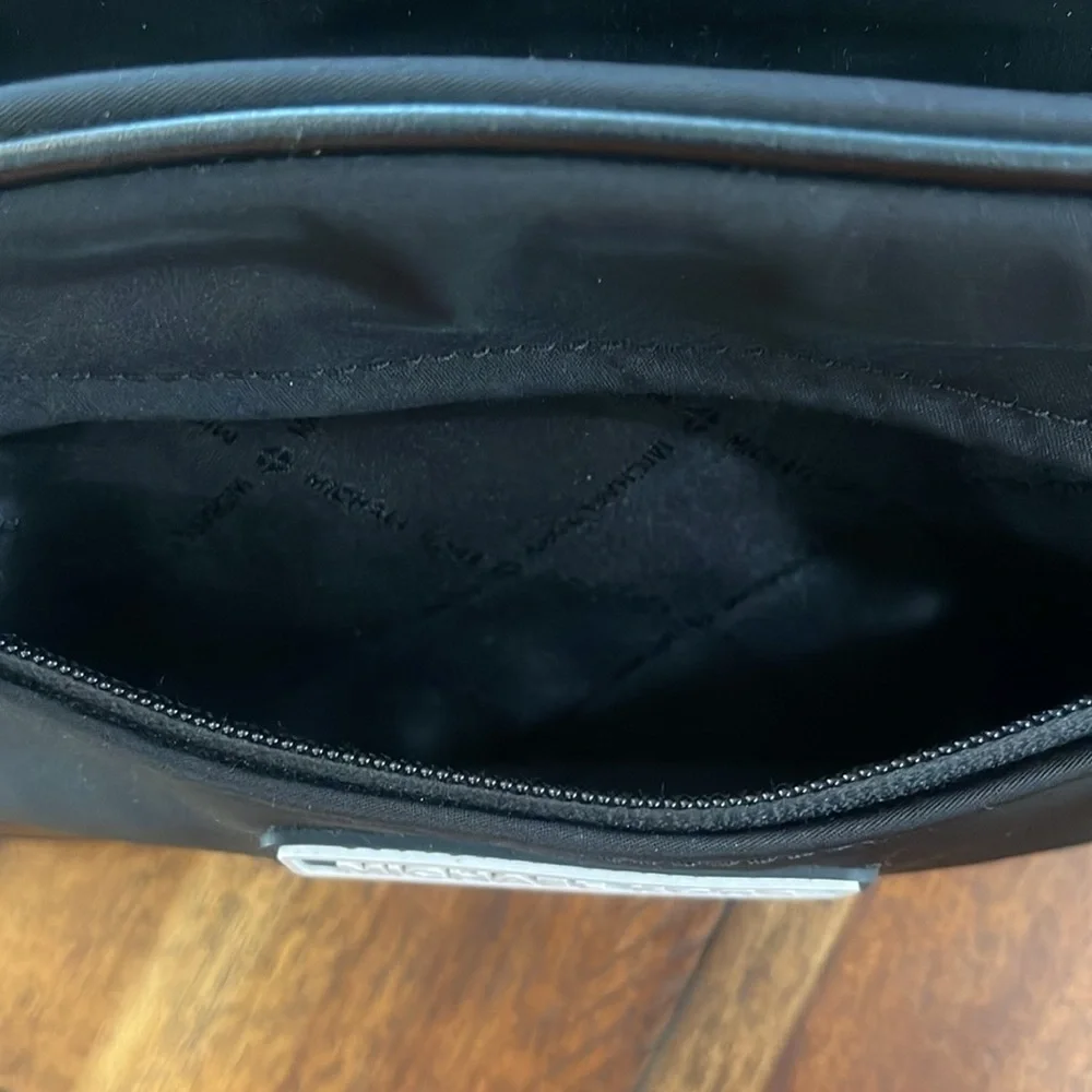 Michael Kors black white nylon camera crossbody bag webbing logo strap