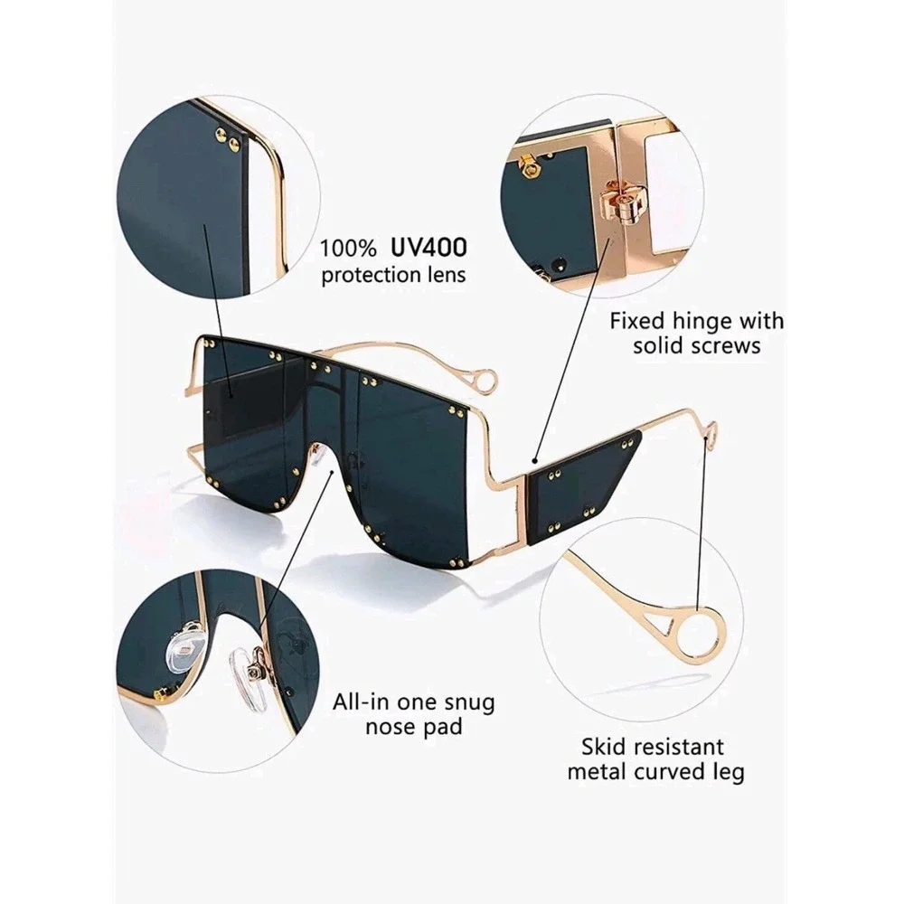 Shield Sunglasses Womens OS Pink Green New Oversized Rimless Flat Top Gold Frame