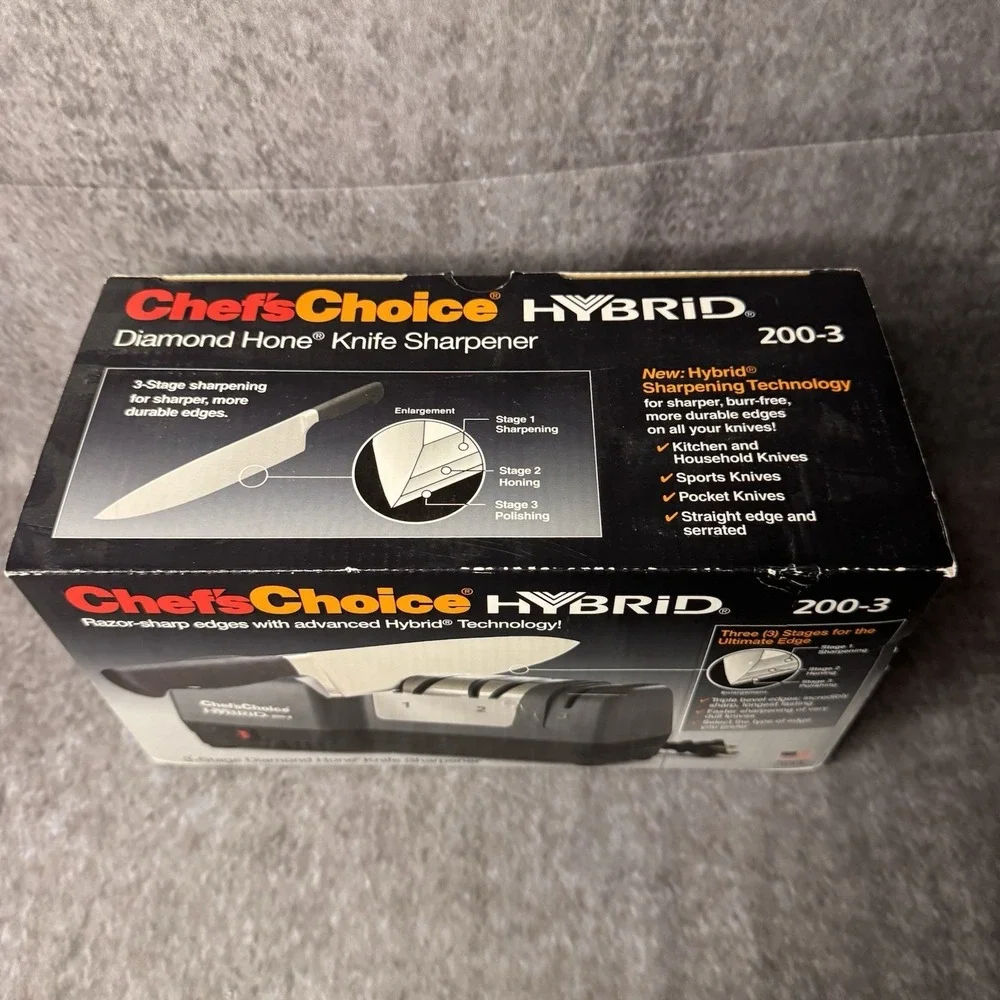 New Chefs Choice Hybrid Model 200-3 3-Stage Knife Sharpener w/ Diamond Hone