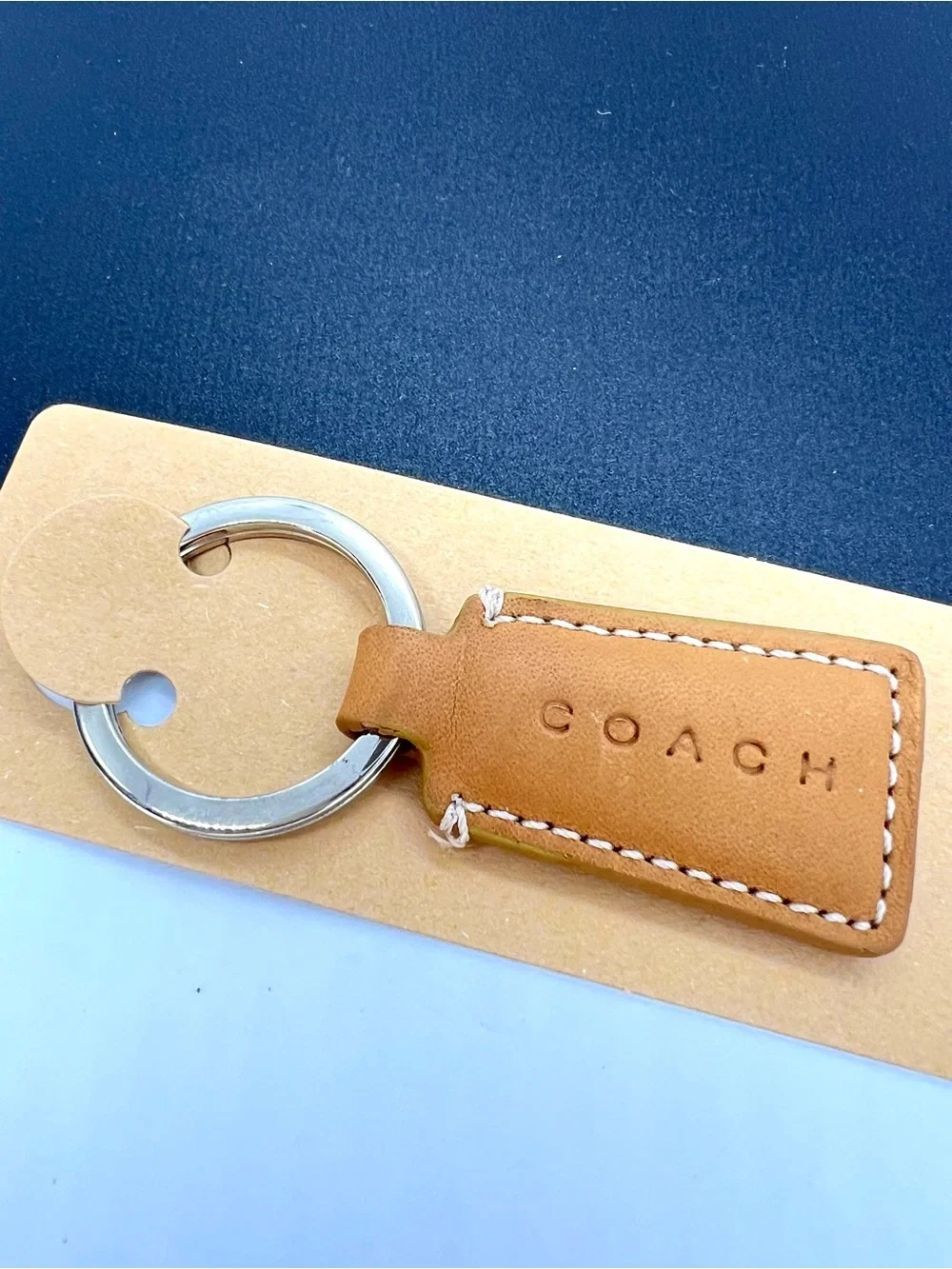 Coach Leather Key Fob Keychain Tan Brown Silver Tone Hangtag Made in China