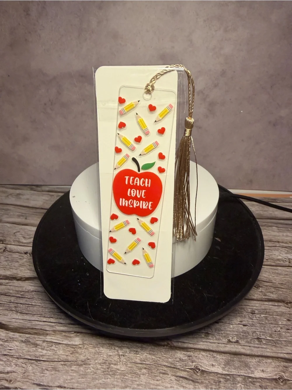 Teach Love Inspire Apple Bookmark with Gold Tassel - Red & Yellow