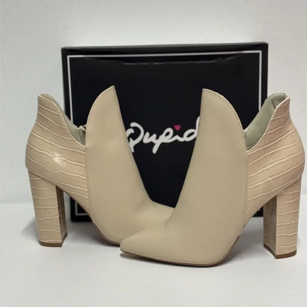 QUPID / Signal-84X / Beige / Faux Leather & Croc / Embossed Ankle / Booties / Hi