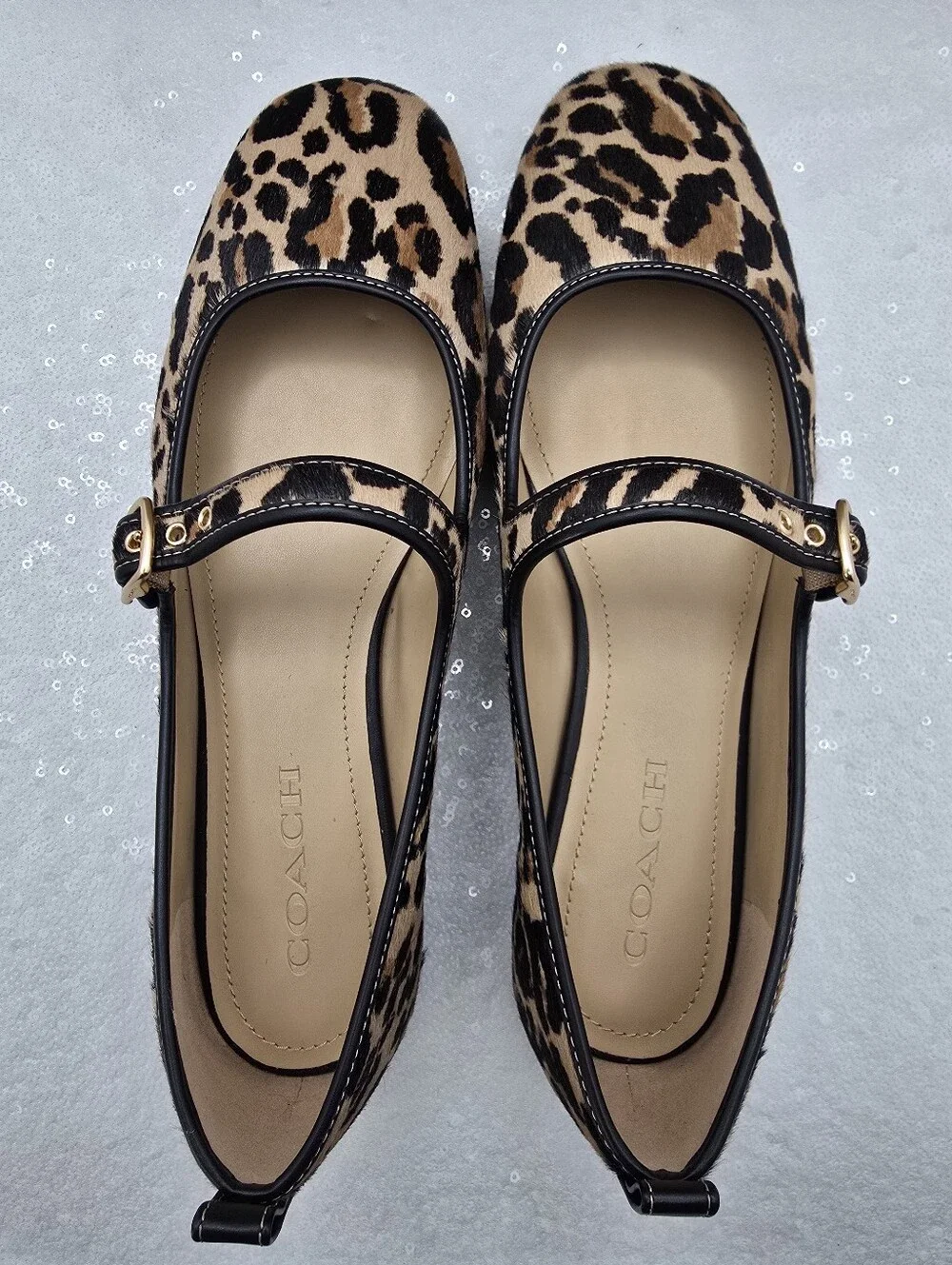 Coach C Rivet Mary Jane with Leopard Print Calfhair Women's sz 10 Tan & Black