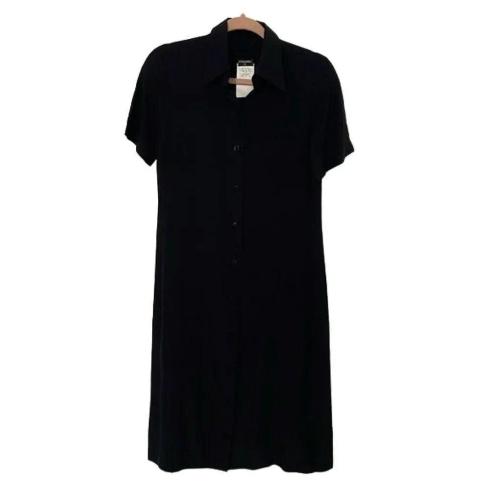 Chanel Black Silk Shirt Dress Womens Size 36 US 4 Short Sleeve Collar Minimalist