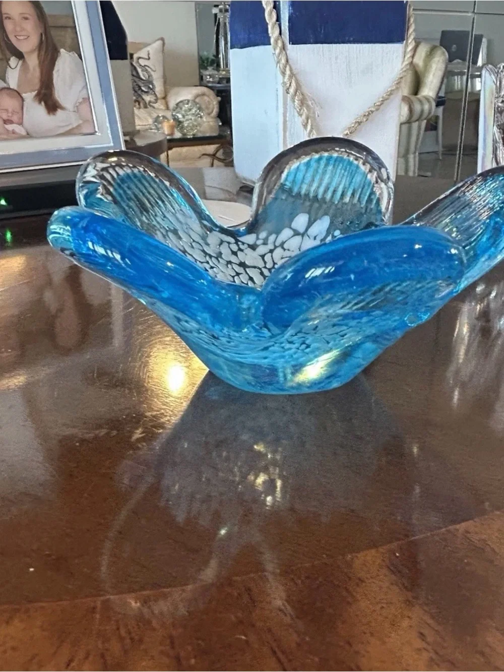 Crate & Barrel Handblown Aqua Blue Glass Flower Bowl 5
