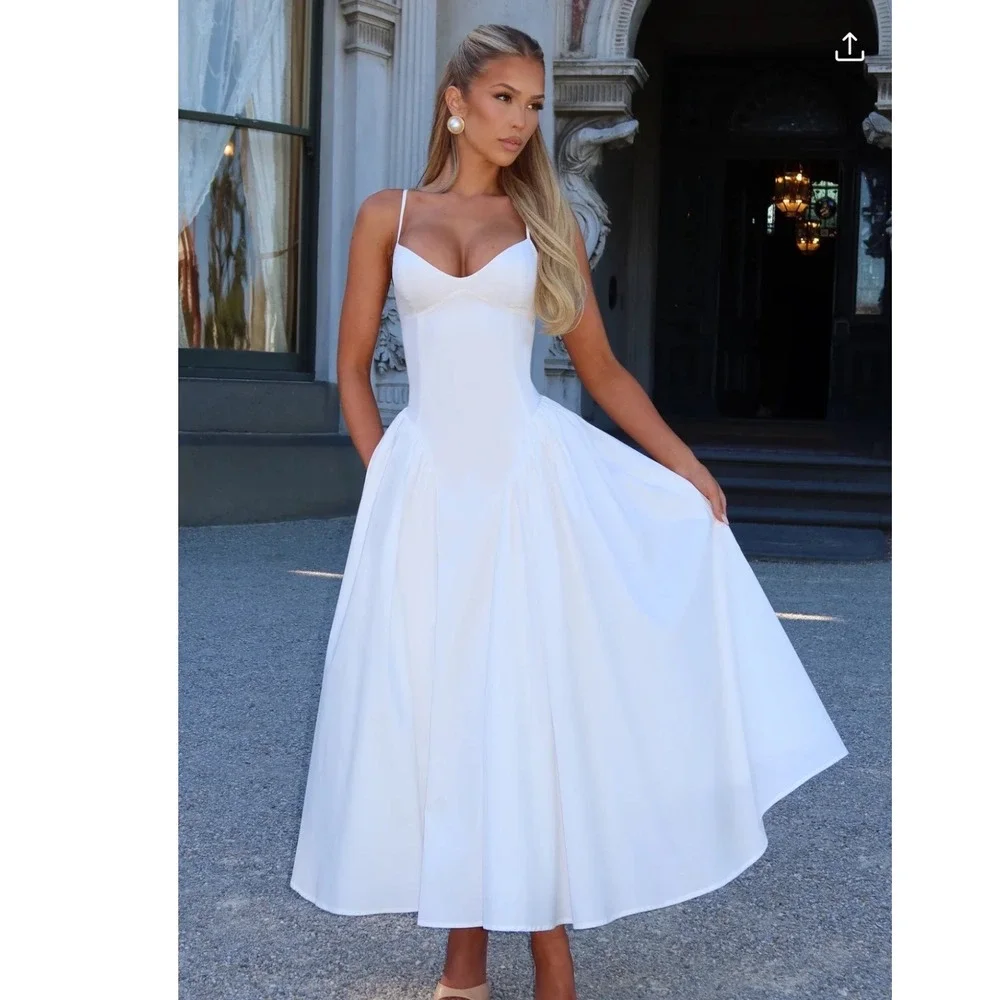 Babyboo Fashion White Corset Lace Up Back Midi Dress XS Pleated Full Skirt Sweet