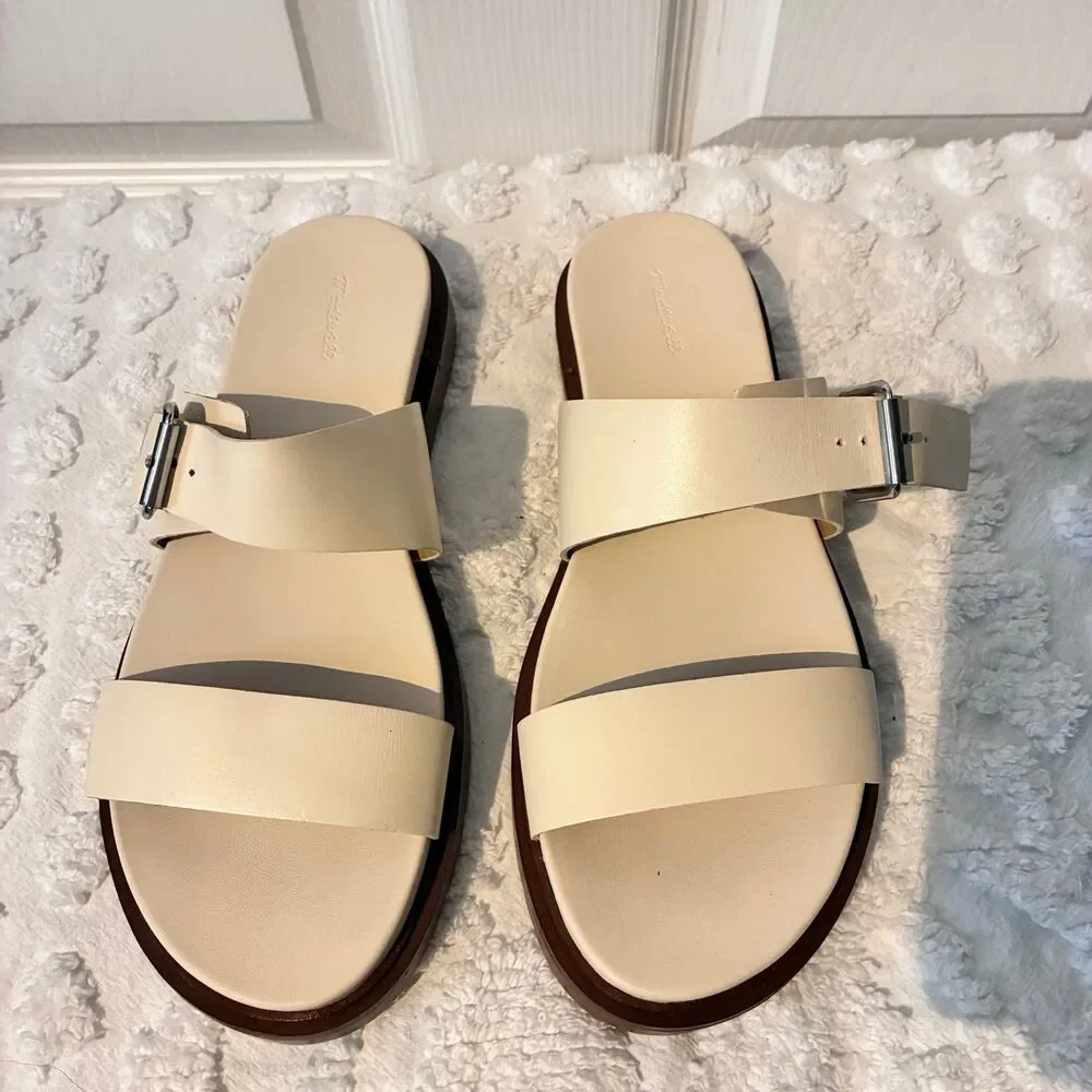 Madewell Dee Double Strap Cream Leather Chunky Sandals Size 9 Boho Hippie