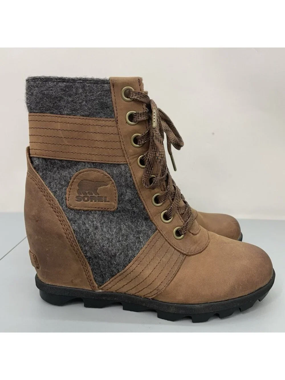 Sorel Lexie Ankle Wedge Boots Waterproof Distressed Felt Leather Brown Women 8.5