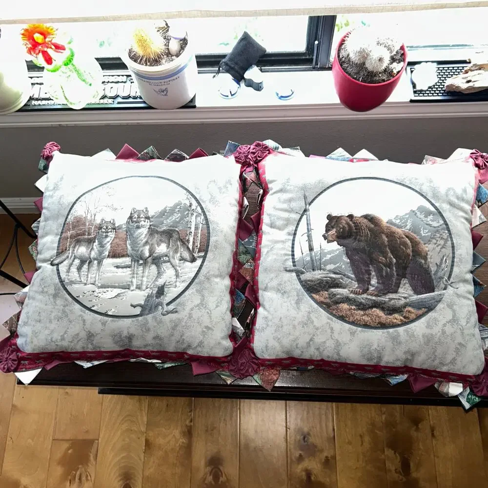 Vintage handmade Pillows Wolves Grizzly Bear Circle rustic cabin country decor