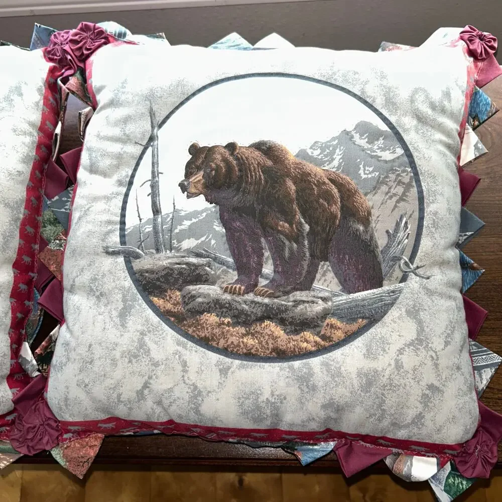 Vintage handmade Pillows Wolves Grizzly Bear Circle rustic cabin country decor