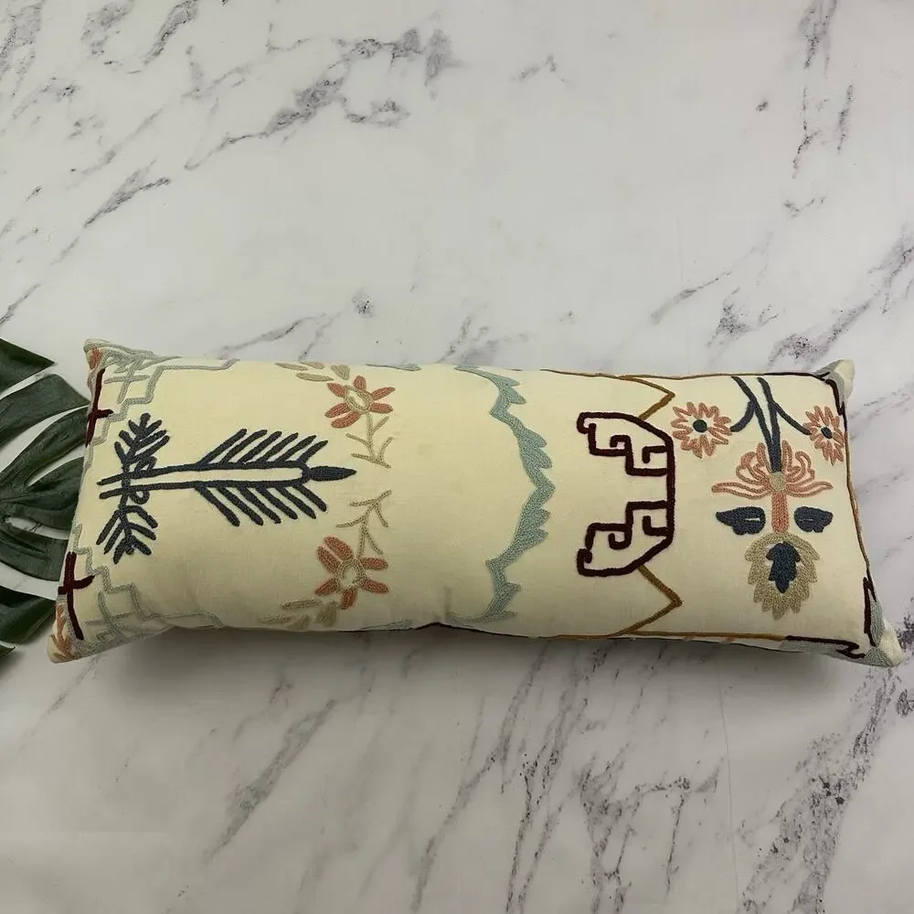 Anthropologie Embroidered Lumbar Decorative Pillow Pink Blue Boho Floral Long