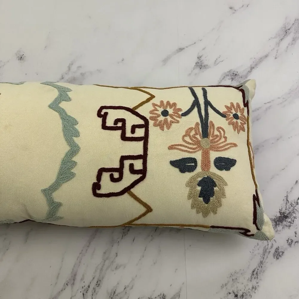 Anthropologie Embroidered Lumbar Decorative Pillow Pink Blue Boho Floral Long