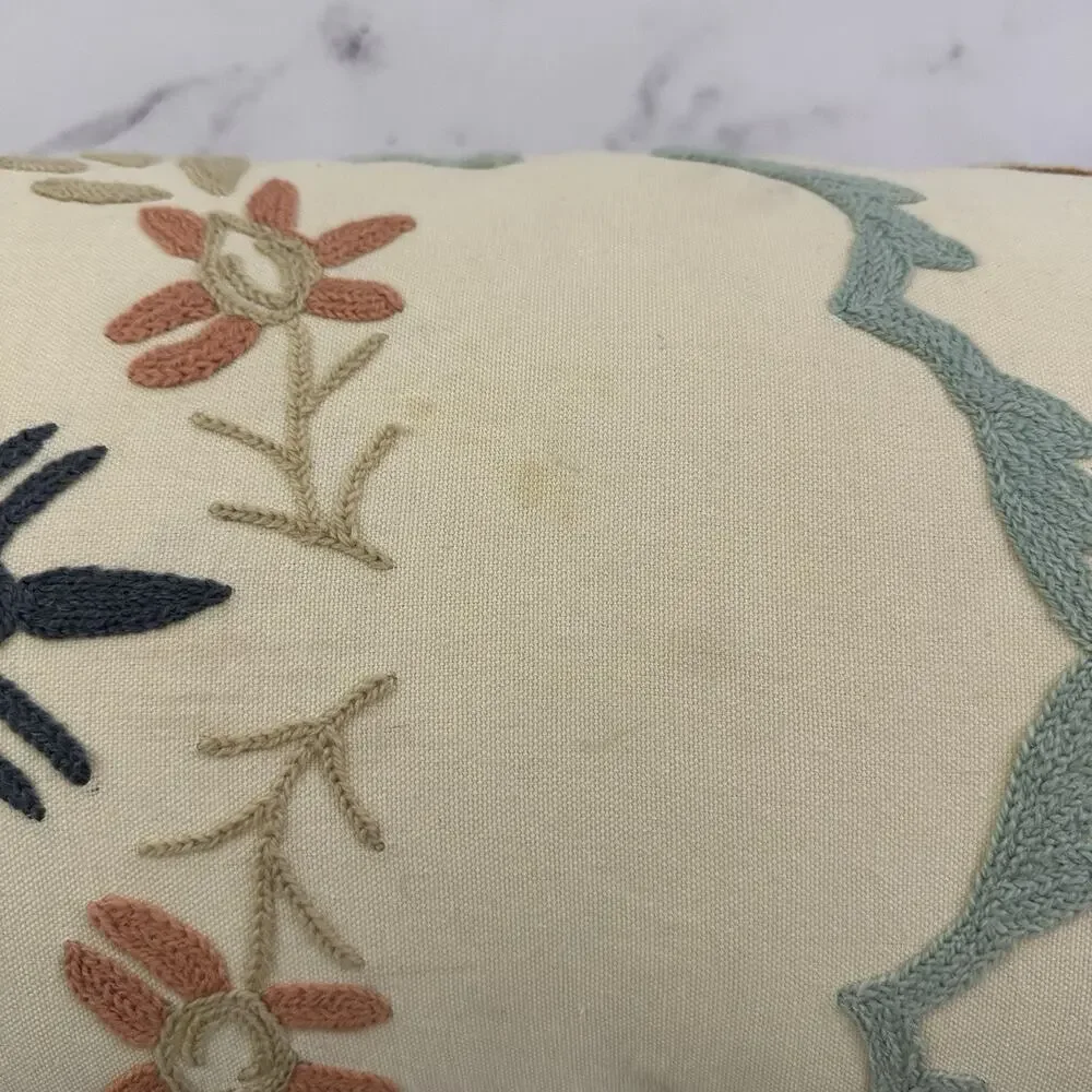 Anthropologie Embroidered Lumbar Decorative Pillow Pink Blue Boho Floral Long