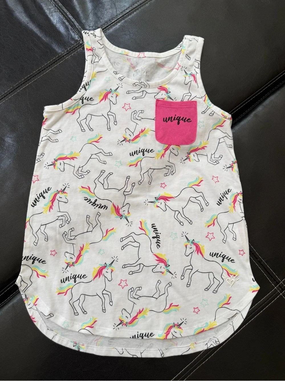 Justice - White Unicorn Tank with Pink “Unique” Pocket and Rainbow Accents