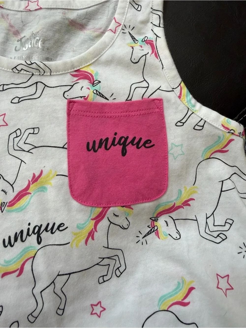 Justice - White Unicorn Tank with Pink “Unique” Pocket and Rainbow Accents