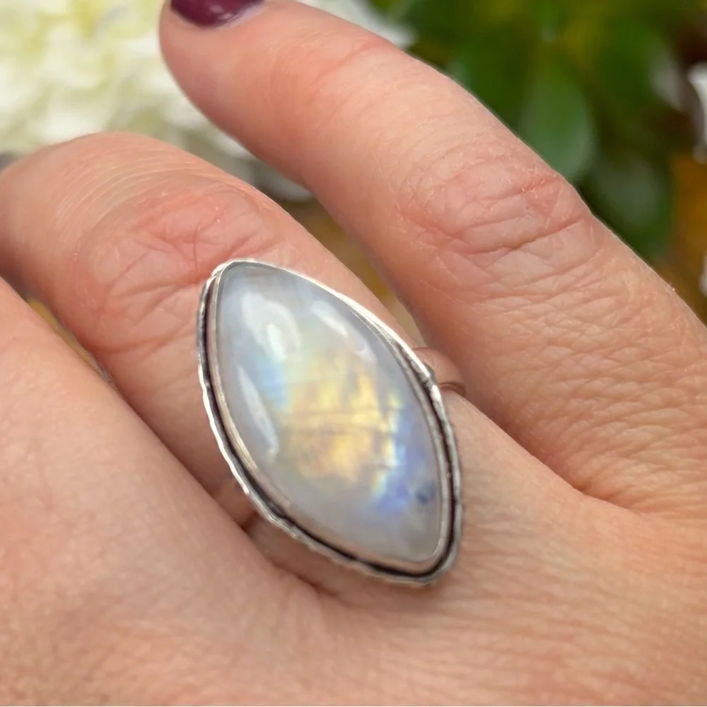 Top Quality Rainbow Moonstone Ring Size 8 Marquise Sterling Silver 925 Overlay