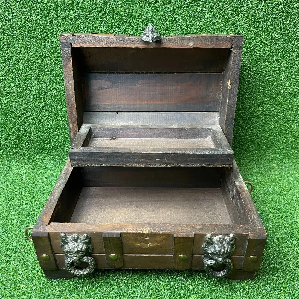 Vintage Wooden Treasure Chest Jewelry Box Gothic Lions Head Metal Latch