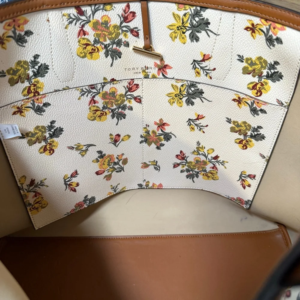 Tory Burch Kerrington Tote Large Rose Floral Coated Canvas Leather Logo