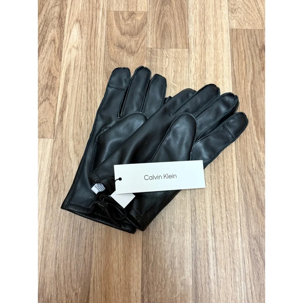 Calvin Klein Womens Black Faux Leather Tech Touchscreen Gloves Size M CK200403C
