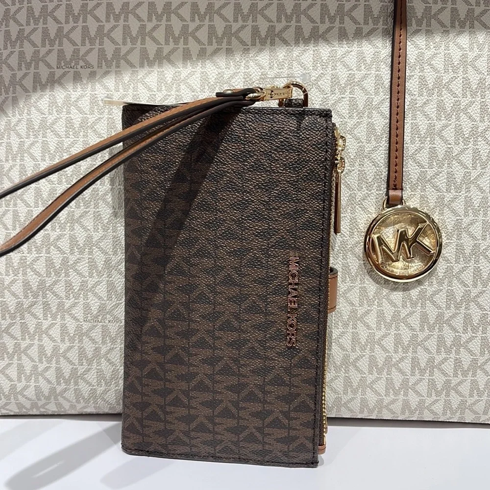 MICHAEL KORS LARGE DOUBLE ZIP WRISTLET PHONEHOLDER WALLET CLUTCH Brown