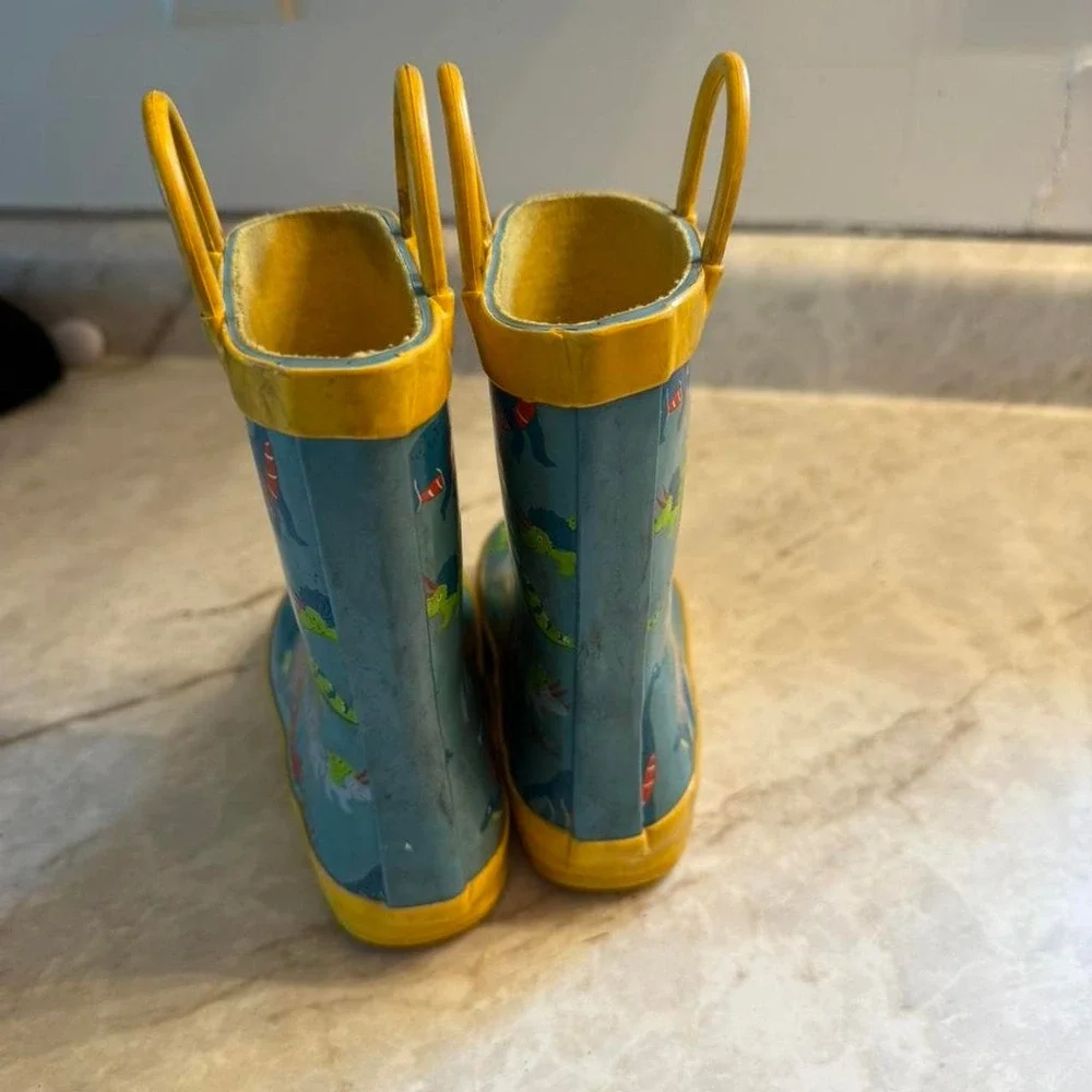 Kids Blue Yellow Dinosaur Print Rubber Rain Boots Waterproof Pull On Size 9