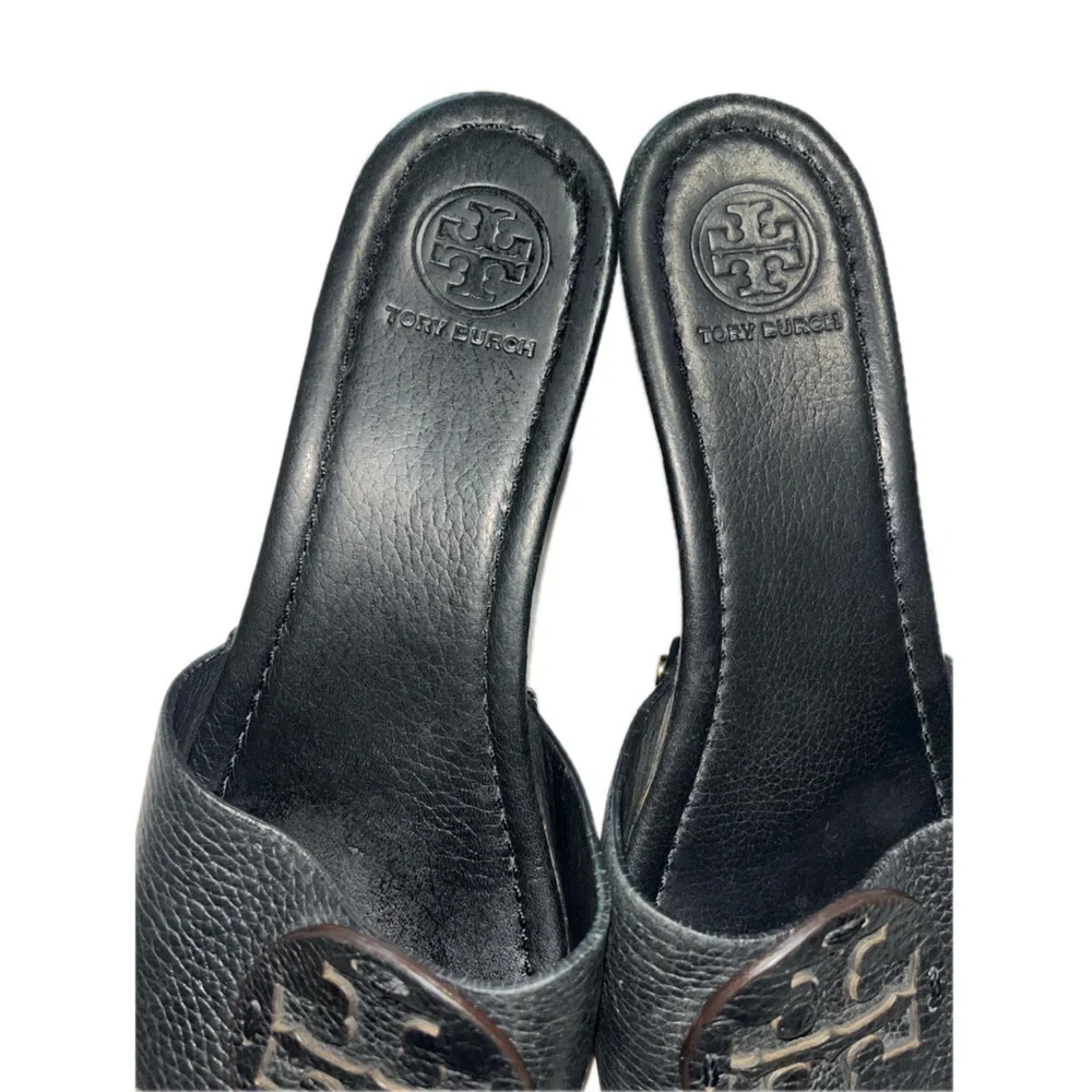 TORY BURCH Leather Slides, Black Size:9M