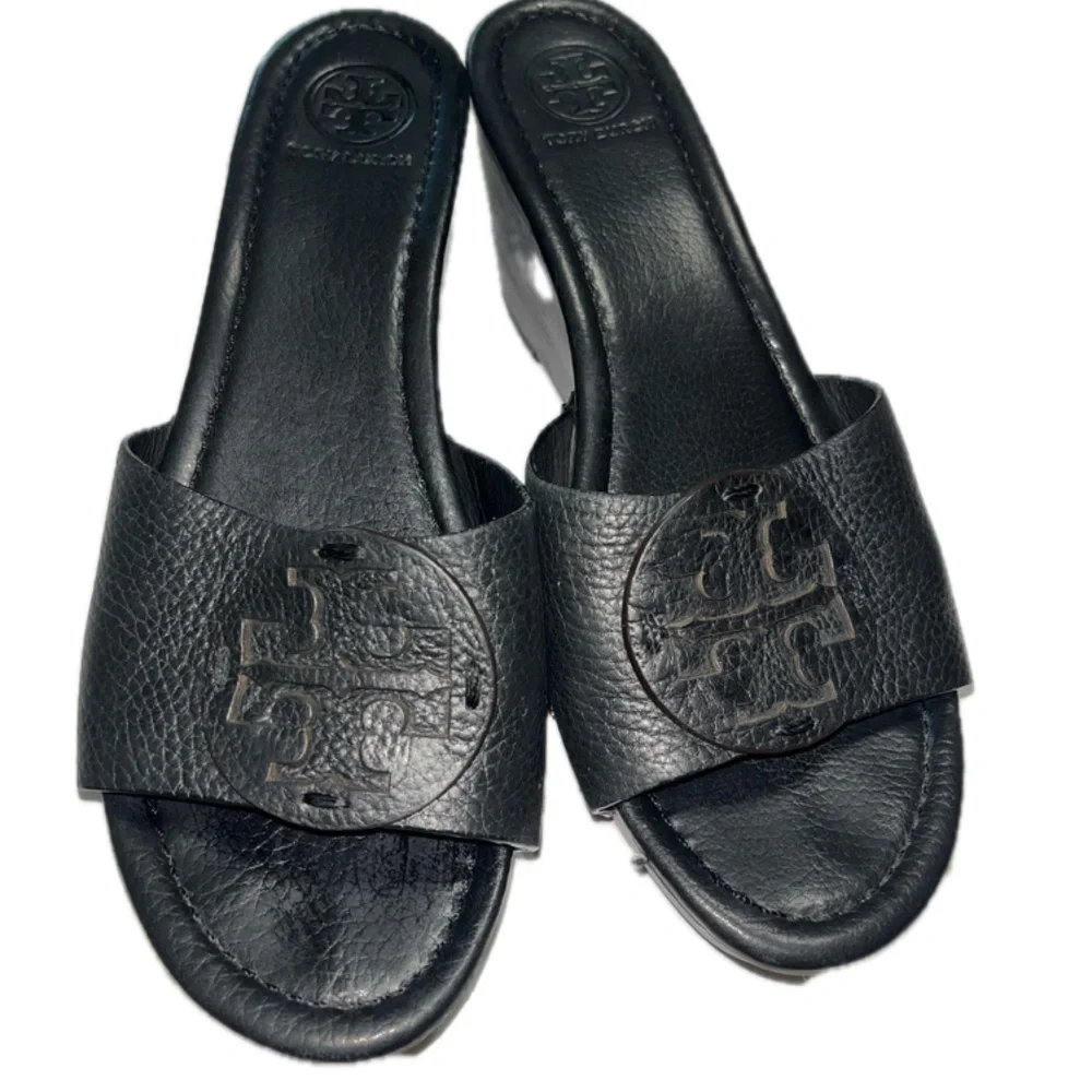 TORY BURCH Leather Slides, Black Size:9M