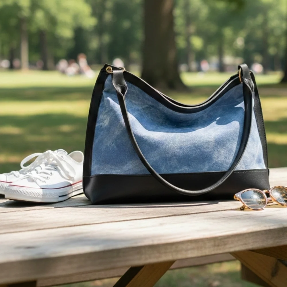 Denim Wash Vegan Leather Hobo Shoulder Bag Blue Black Modern Boho Tote 13in
