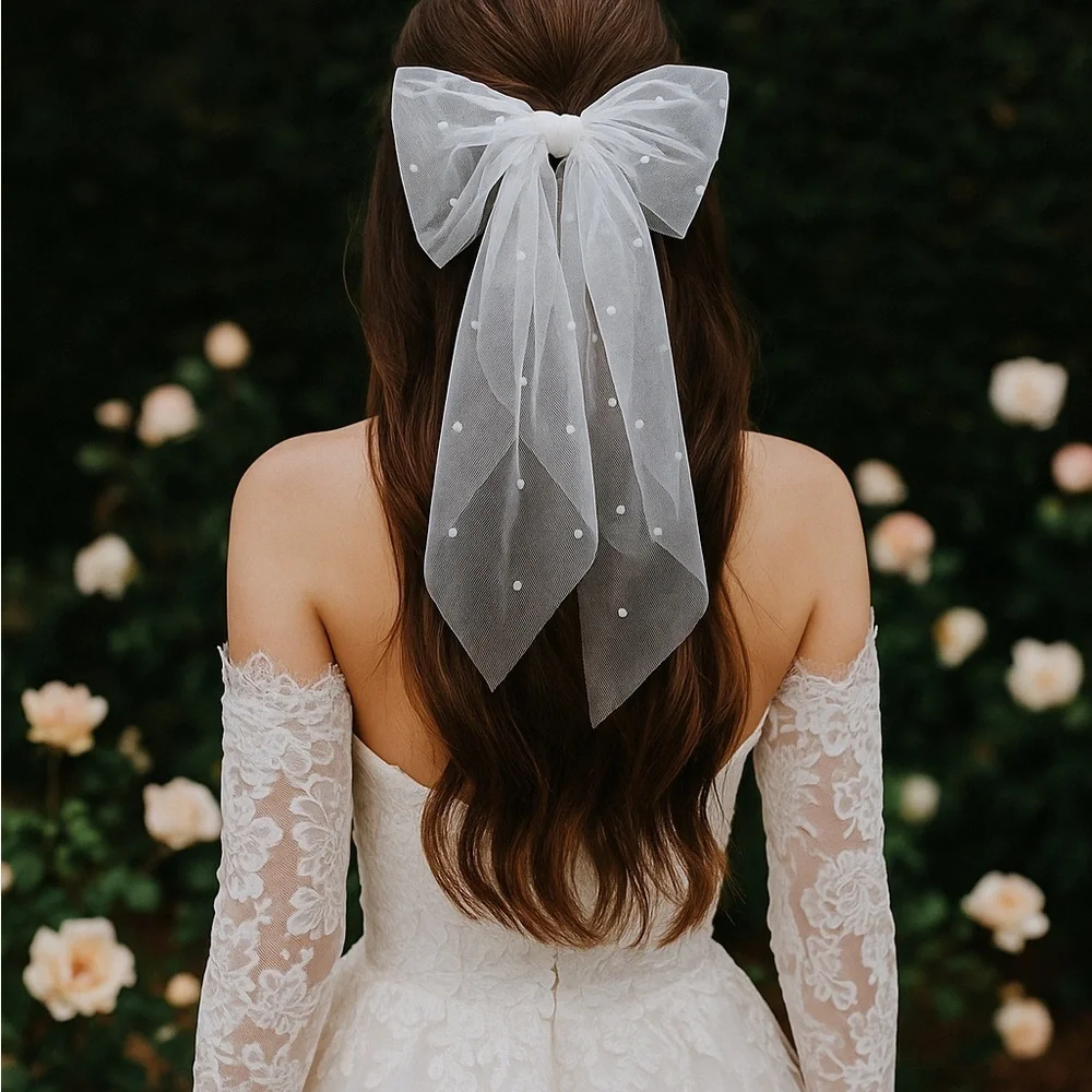 Anthropologie Pearl Tulle Bridal Bow | Polka Dot Veil Clip | Romantic Bride Hair