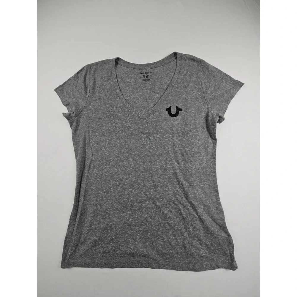 True Religion Womens Gray Short Sleeve Crystal Horseshoe V-neck T-shirt Size XL