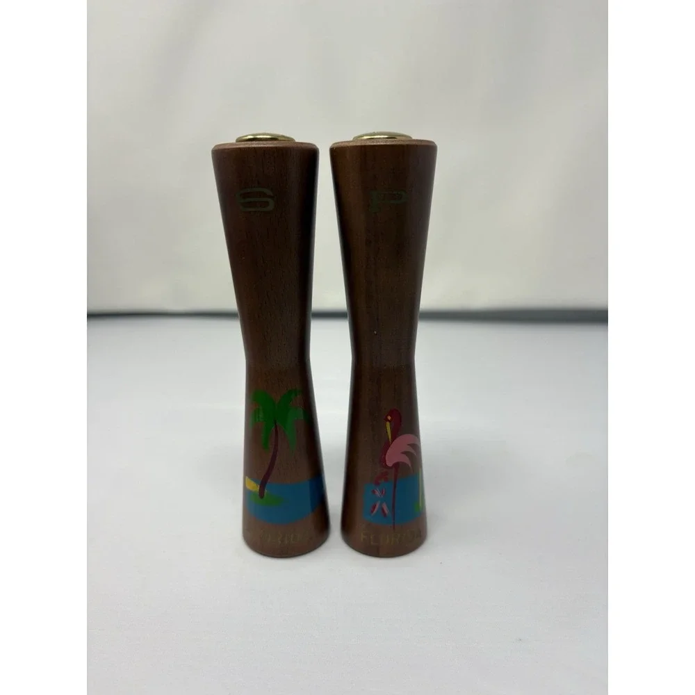 Vintage MCM wooden salt and‎ pepper shakers Florida Danish modern flamingo palm