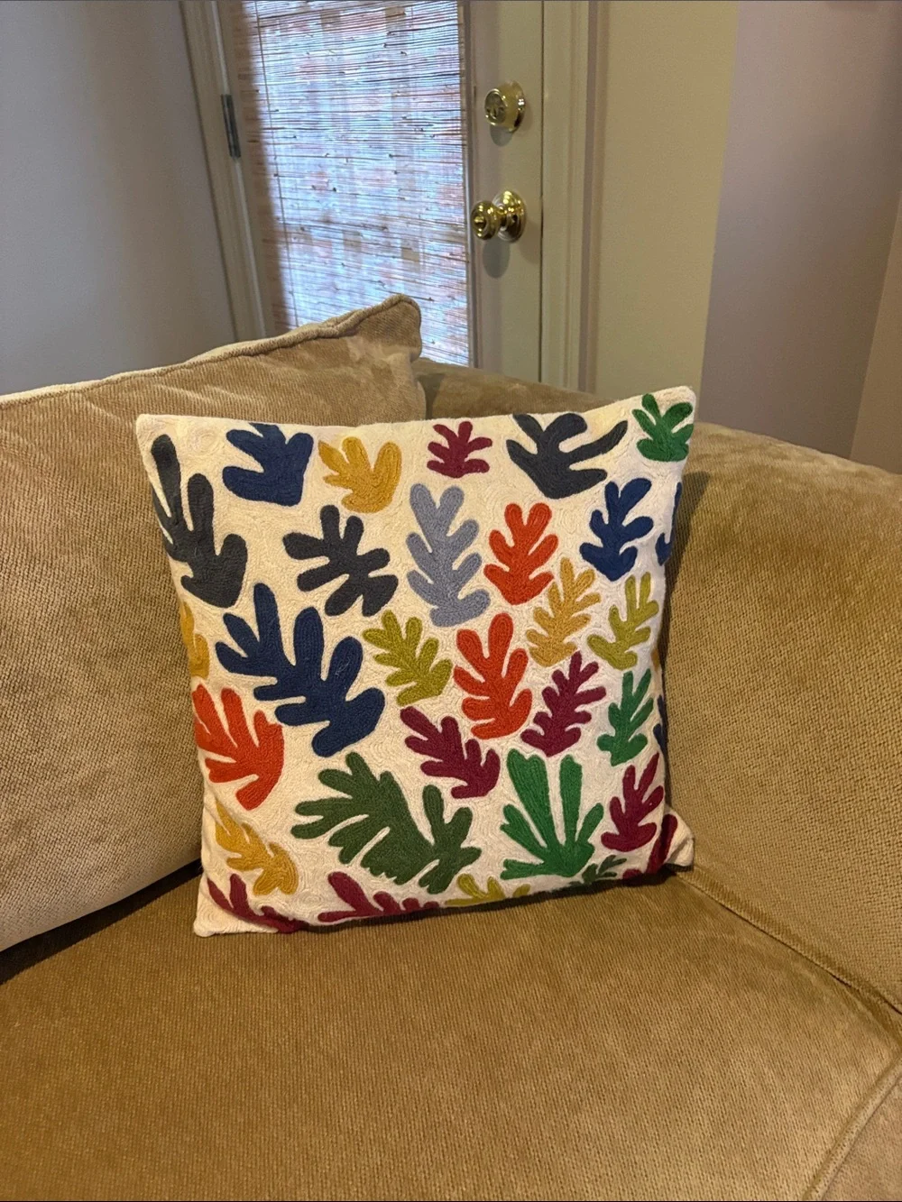 Embroidered Leaf Pattern Throw Pillows - Multicolor on Cream
