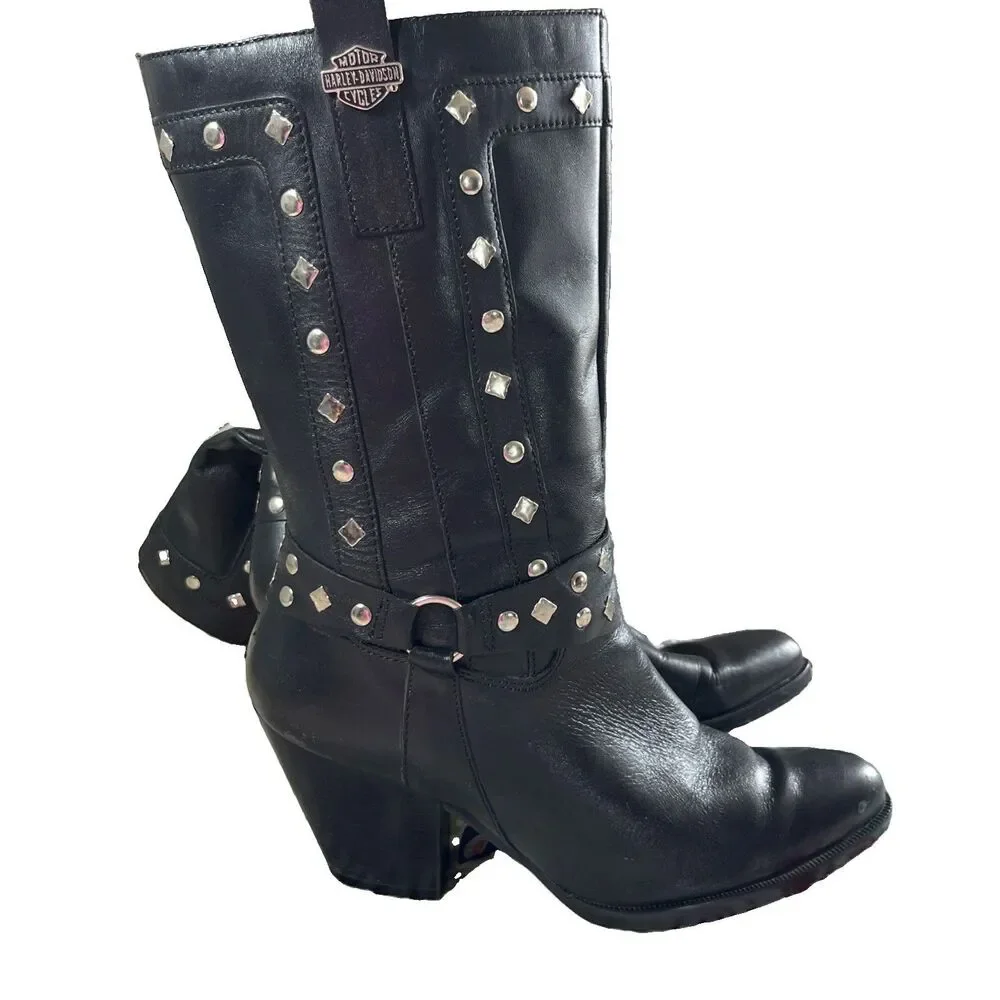 Harley Davidson Wmns 8.5 Western Studded Cowboy Boots Black Logo Zipper Leather