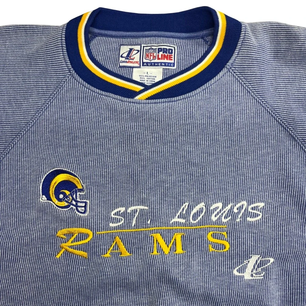 90s Vintage Logo Athletic NFL Pro Line St‎ Louis Rams Striped Sweatshirt Mens L