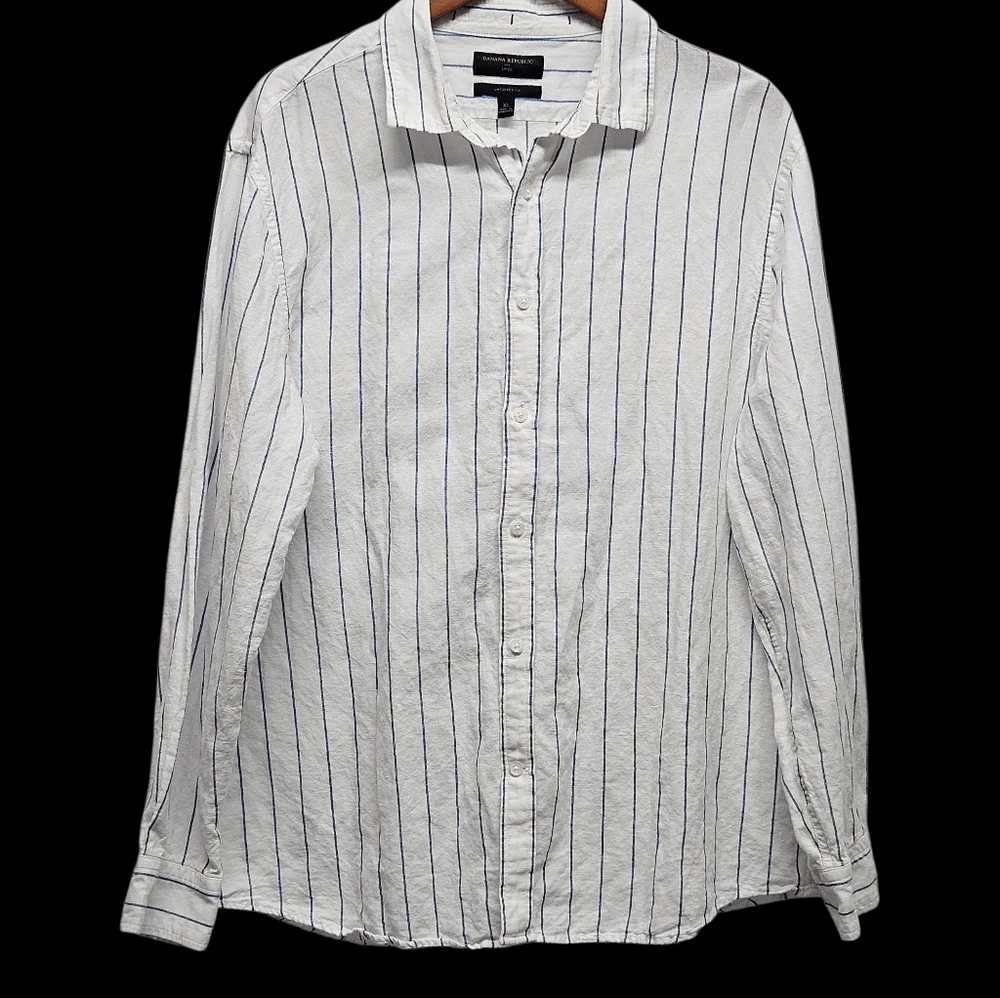 Banana Republic Linen Button Up Long Sleeve Shirt XL Striped Untucked Fit Preppy