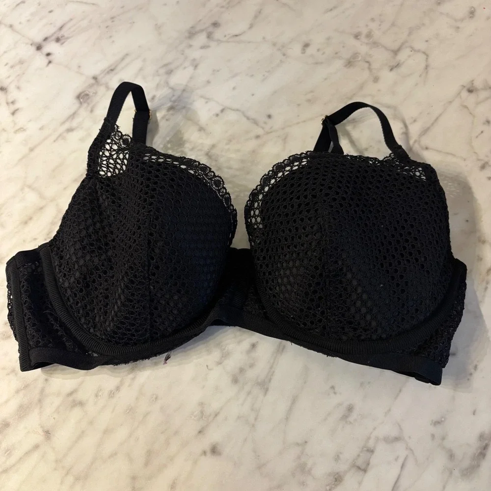 VICTORIAS SECRET Women‎ Black Lace Plunge Bra 36D Underwire Sexy Sheer Mesh