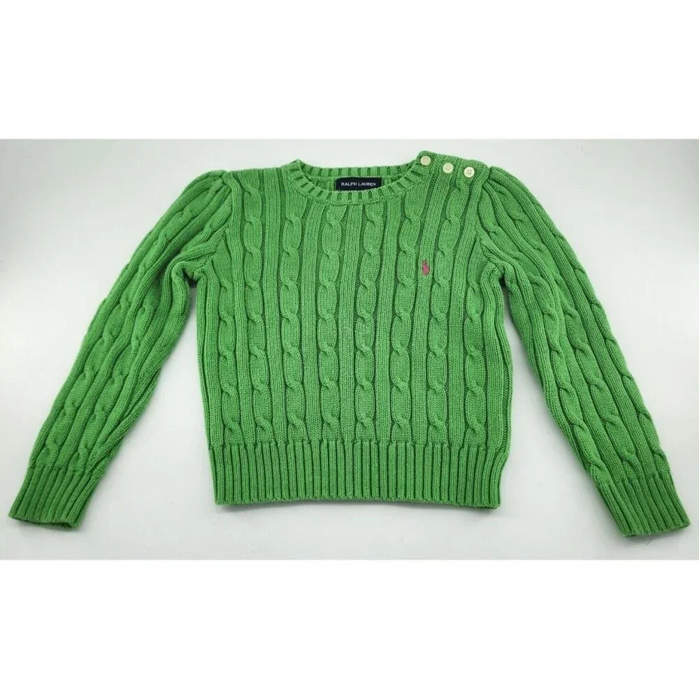 Ralph Lauren Kids‎ Long Sleeve Cable Knit Pullover Sweater Green/Pink Pony 3/3T