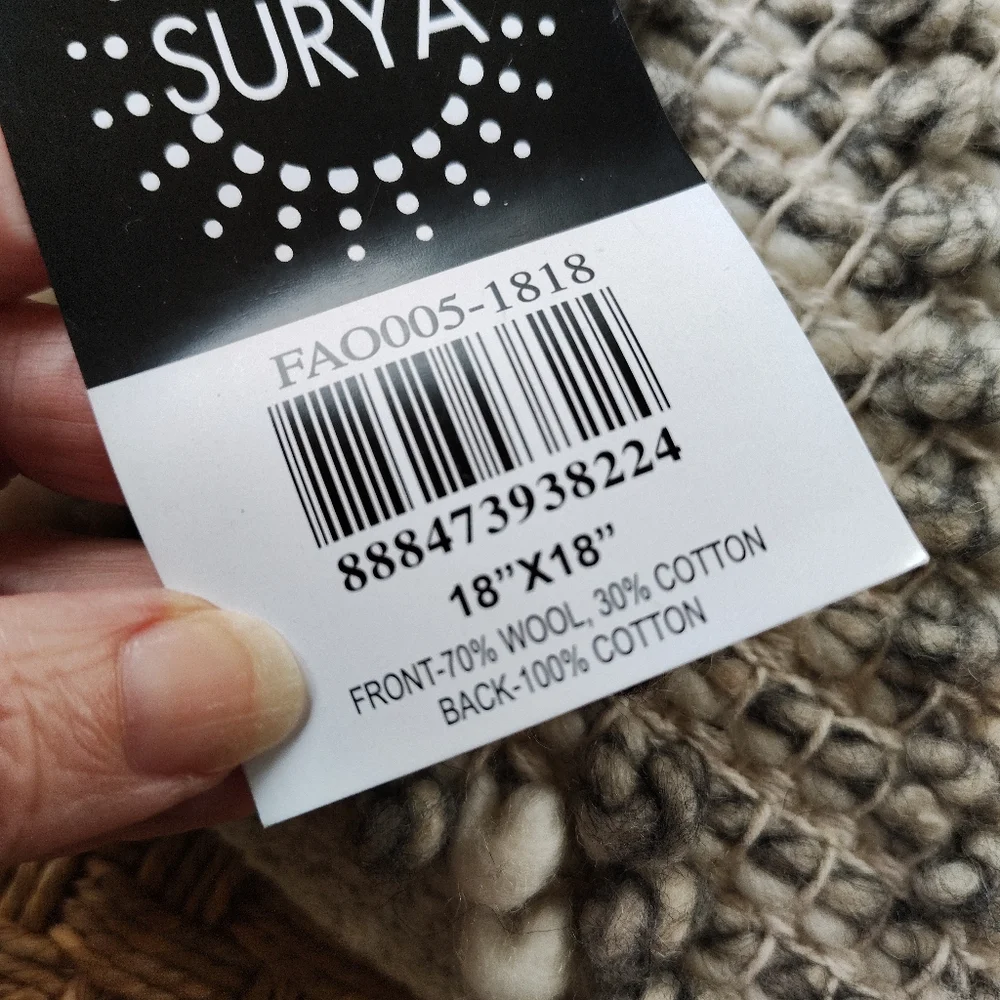 Surya Wool Boho Throw Pillow Cover 18 X 18 NWT