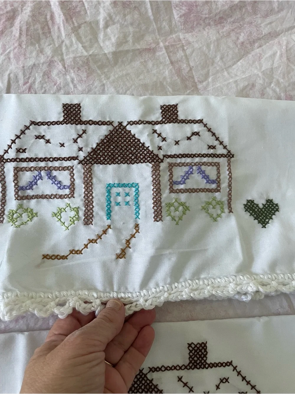 Grannycore Hand Cross-stitched House pillowcase set with crocheted trim