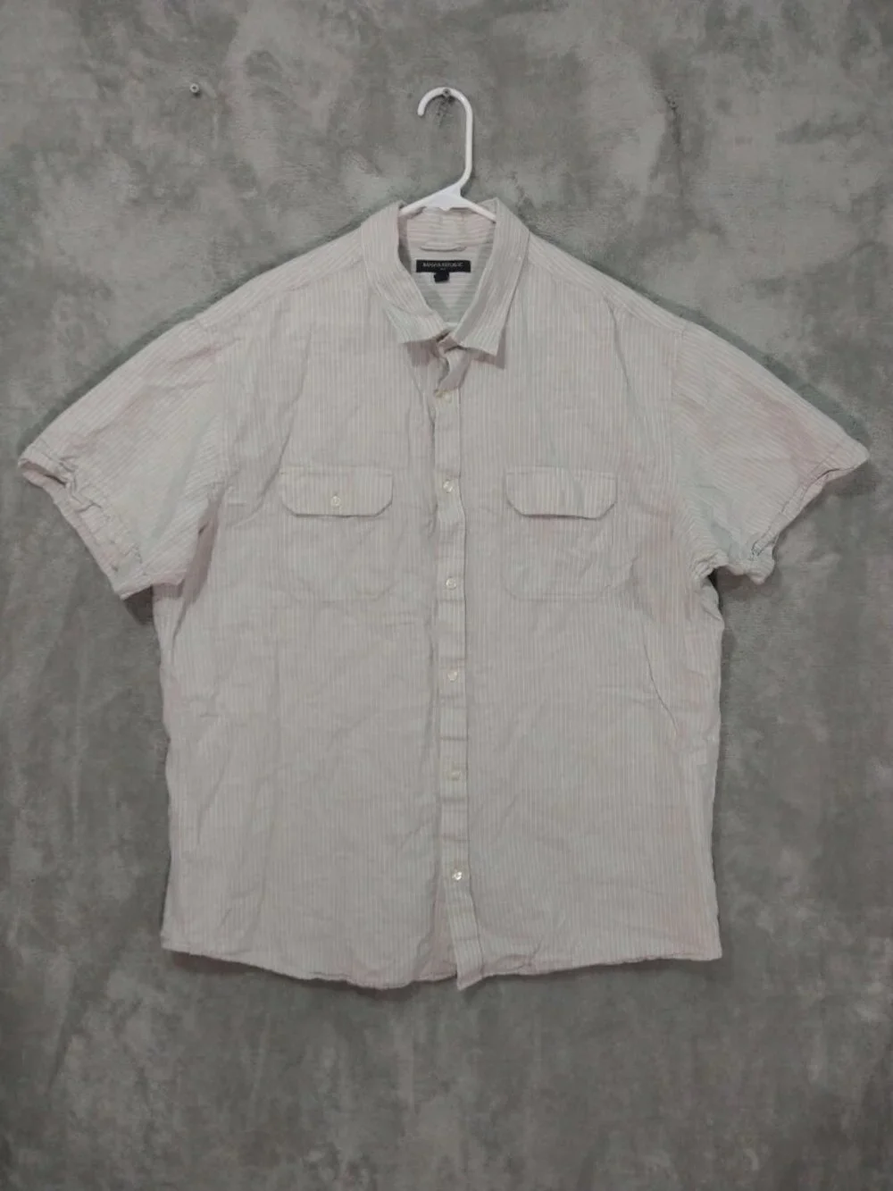 Banana Republic Shirt Mens 2XL Beige Striped Linen Short Sleeve Button Up