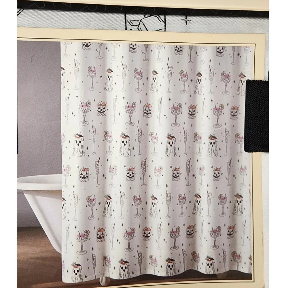 Rachel Zoe Shower Curtain Unisex 72x72 White New Halloween Ghost Cocktail Print