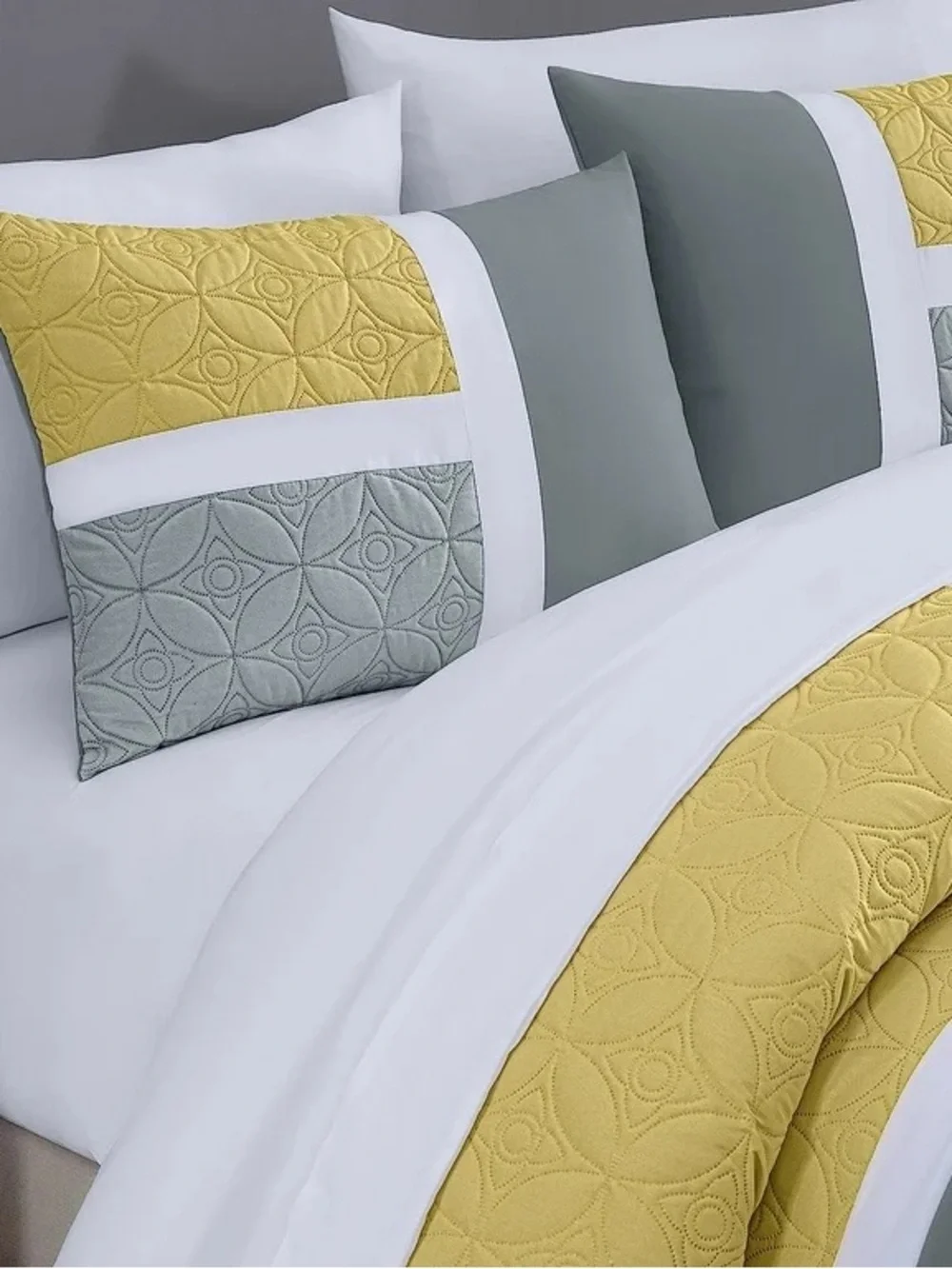 Gray and Yellow Quilted Queen 3 piece Comforter Set