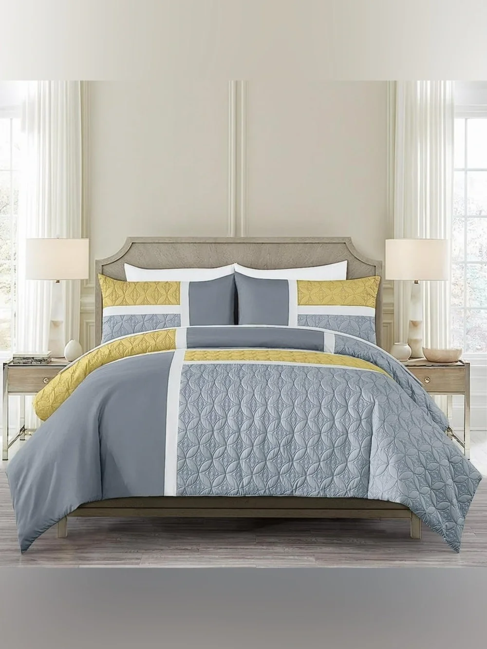 Gray and Yellow Quilted Queen 3 piece Comforter Set