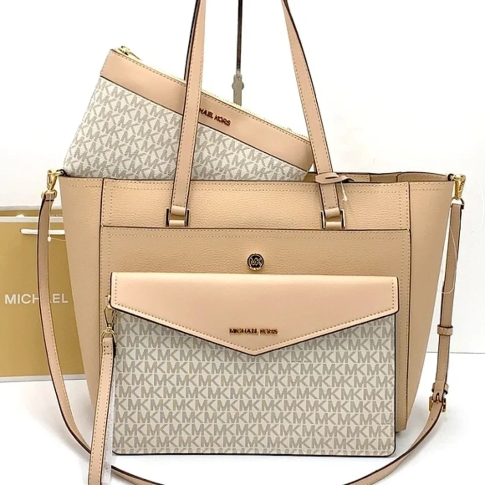 MICHAEL KORS Maisie Large Pebbled Leather 3-in-1 Tote Bag Buff Multi Signature