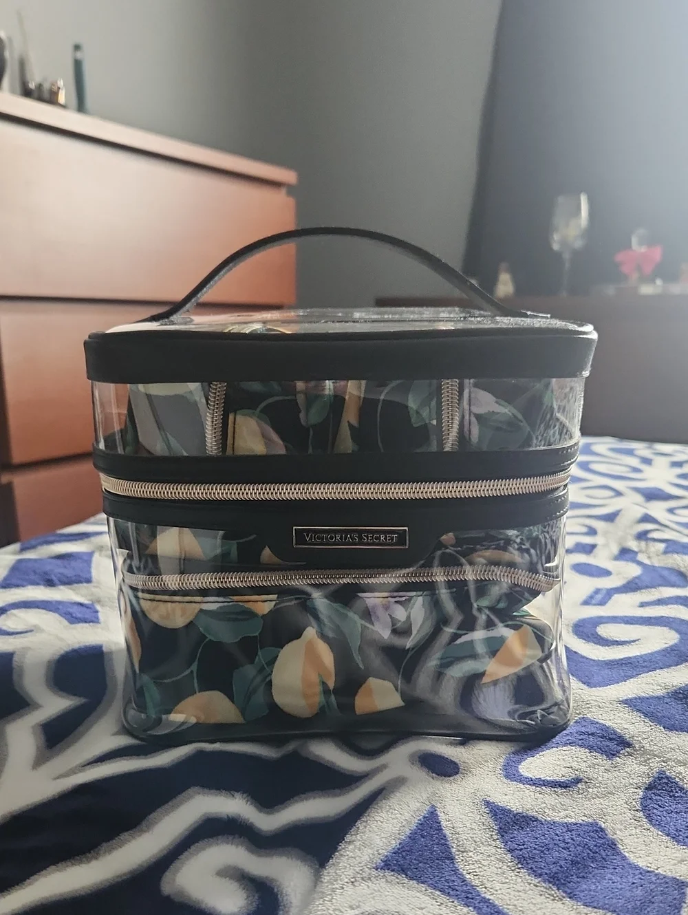 Victoria's Secret Clear Floral Cosmetic Case - Black Trim with Yellow Accents