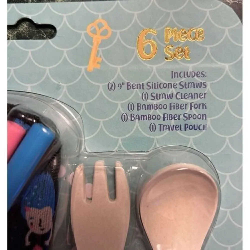 Giggle & Gulp 6 Piece Silicone Straws Fork Spoon Brush Cutlery Travel Set New‎