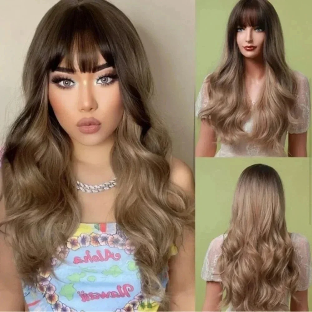 26 Inch Chocolate Brown to blonde Balayage Wavy Wig with bangs for daily…