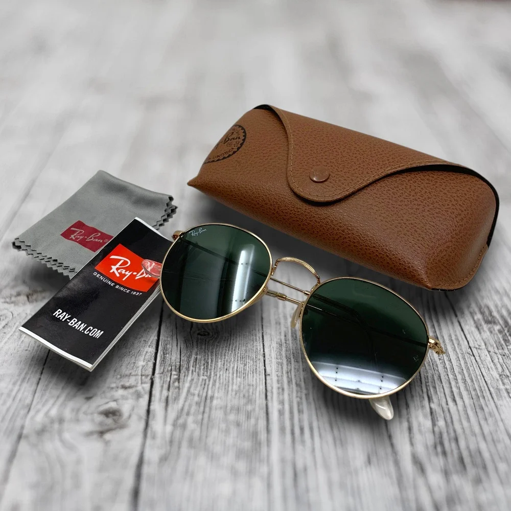 Ray-Ban RB3447N Round Metal Sunglasses Gold Green G15 53mm OG Case Cloth Papers