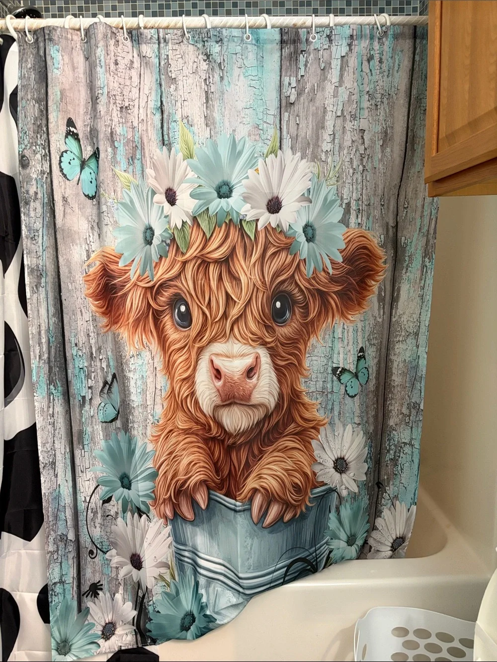 Cow Print & Floral Calf Shower Curtain Set