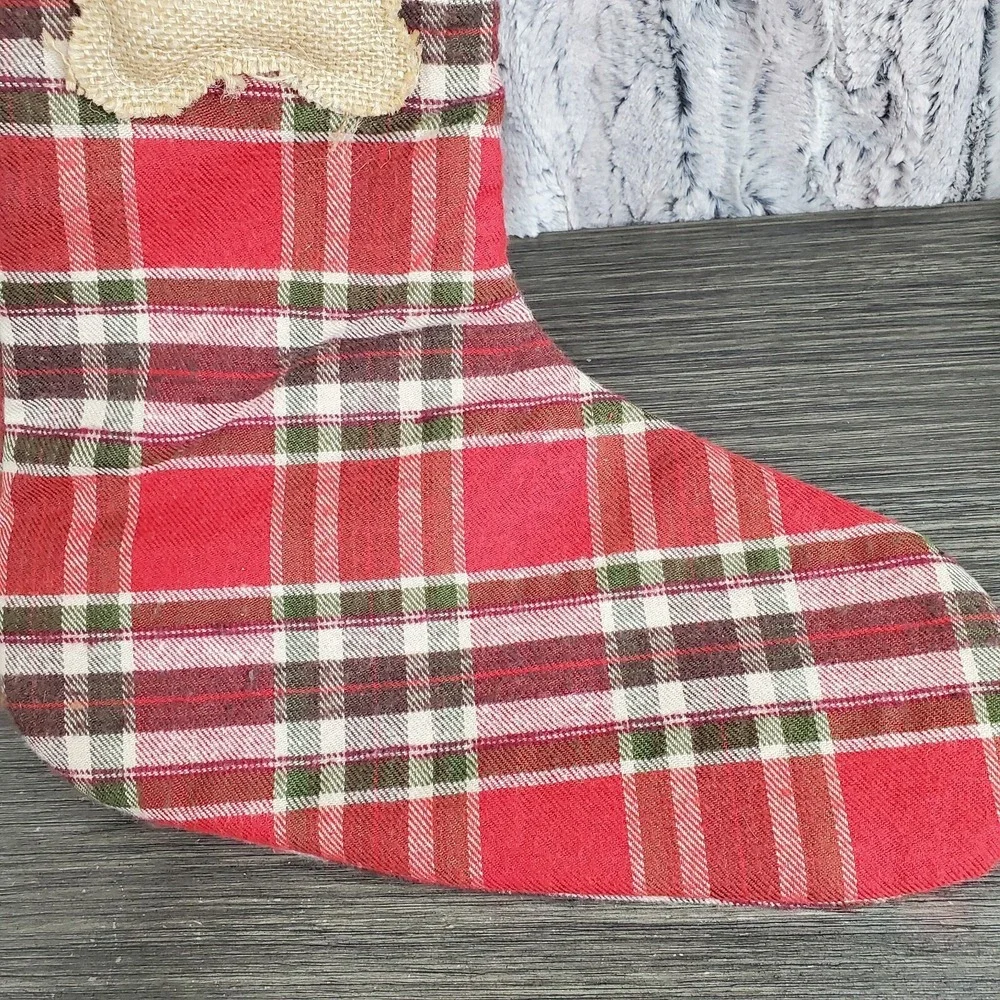 Domain Christmas Red Plaid and Burlap Dog Pet Stocking with Button Bones 16